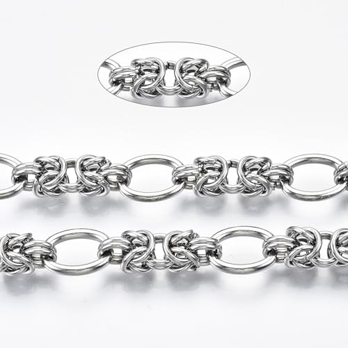 16.4 Feet(5m) 304 Stainless Steel Byzantine Chains Roll Knotted Jewelry Chain Bulk for Necklace Jewelry Making - 13.5x10mm