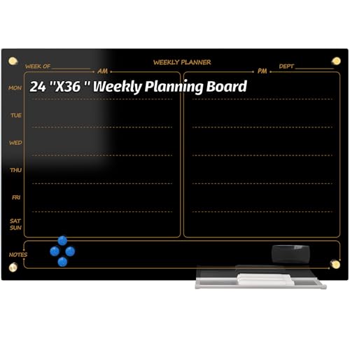 Glass Whiteboard 24"X36" Weekly Calendar Blackboard Magnetic Planner WritingBoard Dry Erase Board Frameless White Board for Office School Home Tray