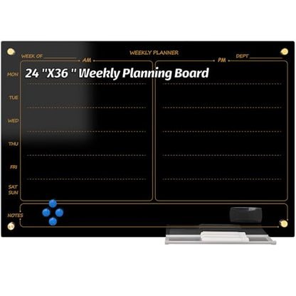 Glass Whiteboard 24"X36" Weekly Calendar Blackboard Magnetic Planner WritingBoard Dry Erase Board Frameless White Board for Office School Home Tray