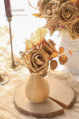 Artificial Flowers 25pcs Real Looking Antique Gold Foam Fake Roses with Stems for DIY Wedding Bouquets Bridal Shower Centerpieces Floral Arrangements Party Tables Home Decorations (25 Count)