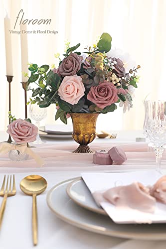 Artificial Flowers 25pcs Real Looking Dusty Rose Ombre Colors Foam Fake Roses with Stems for DIY Wedding Bouquets Bridal Shower Centerpieces Floral Arrangements Party Tables Home Decorations (25 Count)