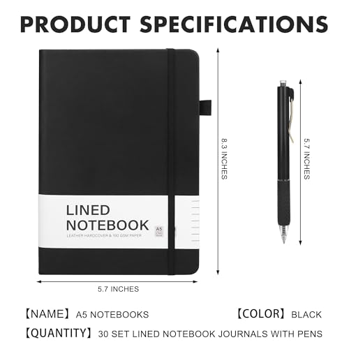 30 Set Lined Notebook Journals with Pens A5 Notebooks 100 GSM College Ruled Hardcover Notebook PU Leather Notepad with Pen Holder for Office School (60 Count)