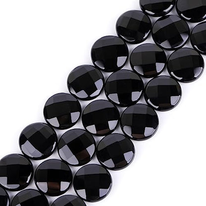 GEM Inside Facted Black Agate Gemstone Loose Beads Coin 20mm Crystal Energy Stone Power for Jewelry Making 15"