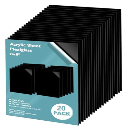 8" x 8" Black Plexiglass Sheets 20 Pack 0.04 Inch Cast Acrylic Sheet Thick for DIY Craft Projects (176 Sq Ft)