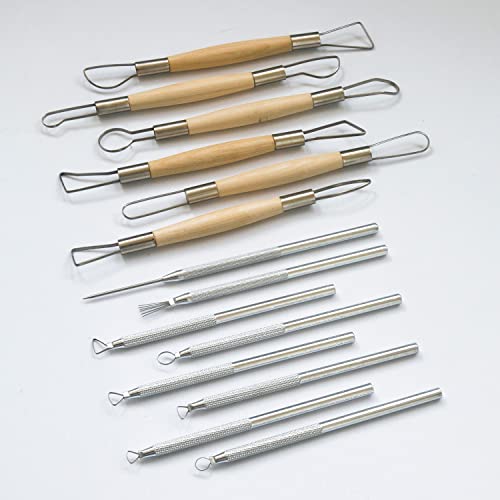 14PCS Ceramic Pottery Clay Ribbon Sculpting Tool Kit with Feather Wire Texture and Needle Detail Tools for Carving (14 Count)