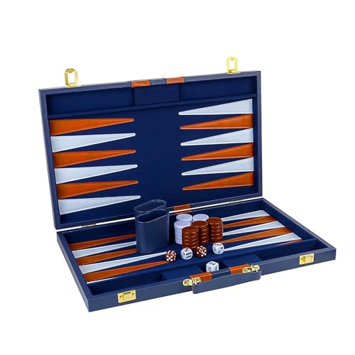15 Inch Portable Backgammon Set with Faux Leather Folding Board