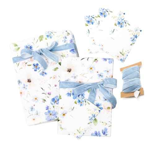 Bue Floral Wrapping Paper and Ribbon Set with Tags