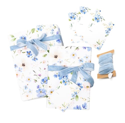 Bue Floral Wrapping Paper and Ribbon Set with Tags