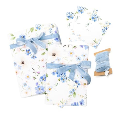 Bue Floral Wrapping Paper and Ribbon Set with Tags