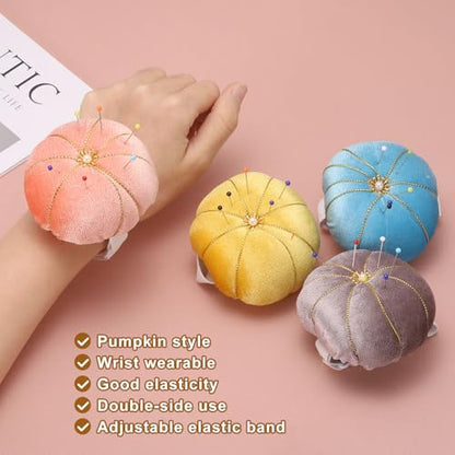 Wrist Pin Cushion Wristband Sewing Pincushion Polyester Pin Holder Wearable Pumpkin Shaped Needles Wristband with 100 Head Needles for Sewing Quilting DIY Crafts