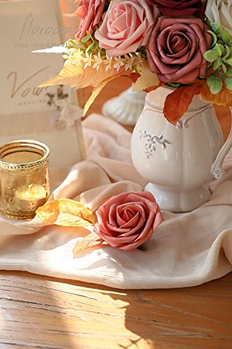Artificial Flowers 25pcs Real Looking Burgundy Ombre Colors Foam Fake Roses with Stems for DIY Red Wedding Bouquets Bridal Shower Centerpieces Floral Arrangements Party Tables Home Decorations (25 Count)