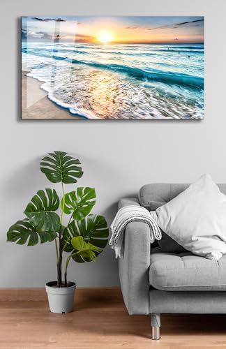 Sea beach ocean white sand Tempered Glass Wall Art Painting for Living Room