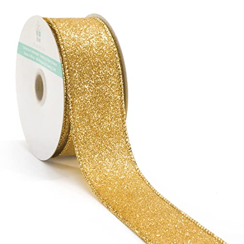 Glitter Wired Ribbon 1.5" x 10 Yards Yellow Gold for Christmas Home Decor Bow Gift Wrapping DIY Crafts Wreath (30 Foot)