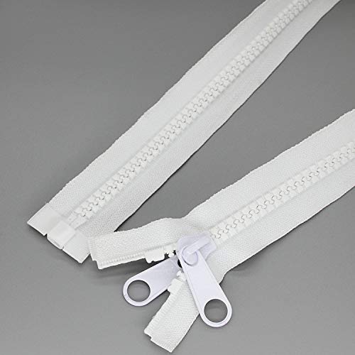 2PCS #10 60 Inch Heavy Duty Zippers for Sewing Separating Large Plastic Zippers White Tape with Double Pull Tab Slider