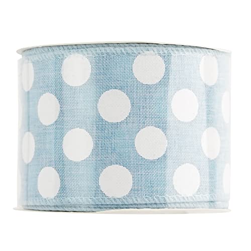 Blue Burlap Ribbon 2.5 Inch with White Polka Dot Blue White Wired Ribbon for Baby Boy Wreaths and Showers (30 Foot)