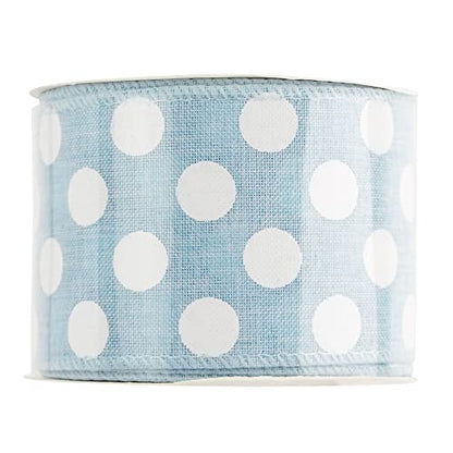 Blue Burlap Ribbon 2.5 Inch with White Polka Dot Blue White Wired Ribbon for Baby Boy Wreaths and Showers (30 Foot)