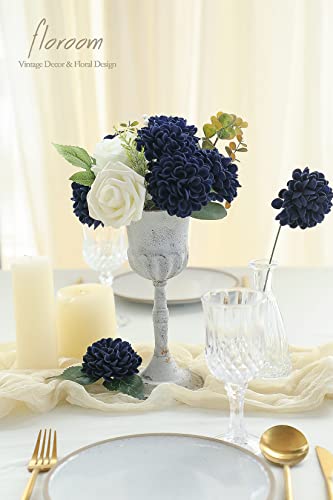 Artificial Dahlia Flowers 25pcs Real Looking Navy Blue Foam Fake Roses with Stems for DIY Wedding Bouquets Bridal Shower Centerpieces Floral Arrangements Party Tables Home Decoration (25 Count)