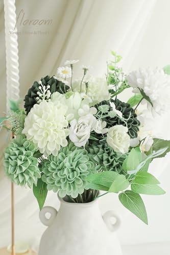 Artificial Dahlia Flowers 25pcs Real Looking Forest Green Shades Foam Fake Roses with Stems for DIY Wedding Bouquets Bridal Shower Centerpieces Sage Green Floral Arrangements Tables Decoration (25 Count)
