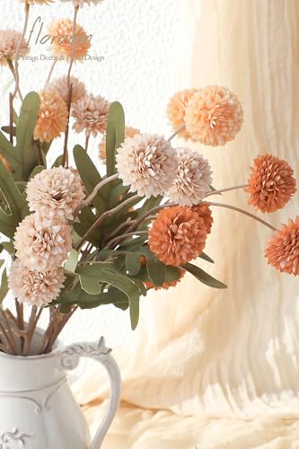 9pcs Burnt Orange Peach Mix Faux Silk Mums Artificial Flowers (9 Count)