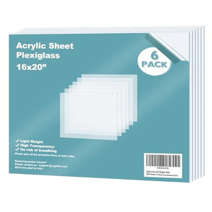 Plexiglass Sheets Acrylic Sheets 6 Pack of 16x20’’ 0.04 Thick Clear Plastic Cast Transparent Plexi Glass for Crafting Projects