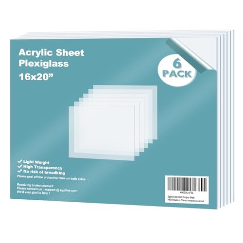 Plexiglass Sheets Acrylic Sheets 6 Pack of 16x20’’ 0.04 Thick Clear Plastic Cast Transparent Plexi Glass for Crafting Projects