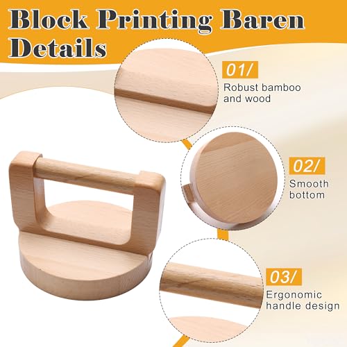 1+1 Pcs Wooden Block Printing Baren with Rubber Brayer Roller