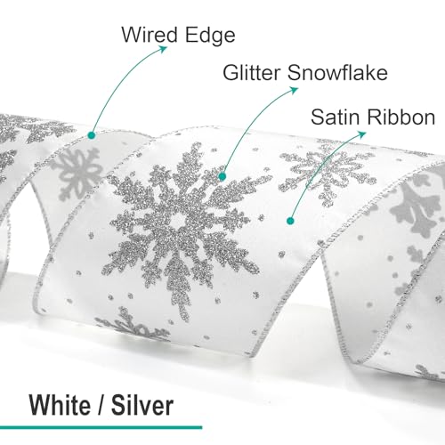 White Satin with Silver Snowflake Wired Ribbon 2.5 Inch x 10 Yards for Christmas Home Decor Tree Topper Bow Gift Wrapping DIY Crafts Wreath Garland (30 Foot)