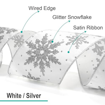 White Satin with Silver Snowflake Wired Ribbon 2.5 Inch x 10 Yards for Christmas Home Decor Tree Topper Bow Gift Wrapping DIY Crafts Wreath Garland (30 Foot)