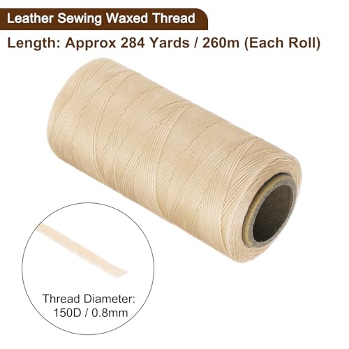 150D 0.8mm Flat Waxed Thread 284 Yards Polyester Leather Sewing Waxed String Hand Stitching Waxed Cord for Leather Stitching Sewing Bookbinding DIY Craft Beige