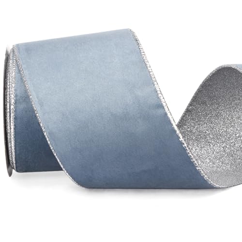 Dusty Blue Velvet Wired Ribbon 4 Inch Dusty Blue Velvet with Silver Glitter Christmas Ribbon for Christmas Tree Decoration Big Bow Gift Wrapping Crafts Wreaths Supplies (30 Foot)