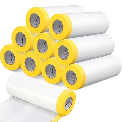 9 Roll Painters Plastic with Tape Pre Taped Masking Film for Painting Automotive Paint Adhesive Protective Film Masking Tape Roll Plastic Painting Covering (585 Foot)