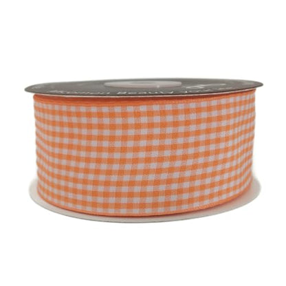 1.5 Inch Orange and White Woven Edge Plaid Chekered Ribbon 100% Polyester Gingham Ribbon 25 Yards Each Roll for Halloween Thanks