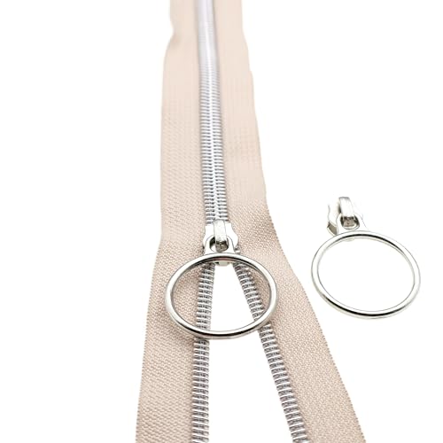 5 Silver Metallic Nylon Coil Zippers by the Yard Bulk 10 Yards Beige Zipper Tape with 25pcs Silver Ring Pull Sliders for DIY Sewing Tailor Craft Bag