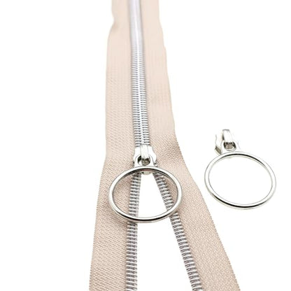 5 Silver Metallic Nylon Coil Zippers by the Yard Bulk 10 Yards Beige Zipper Tape with 25pcs Silver Ring Pull Sliders for DIY Sewing Tailor Craft Bag