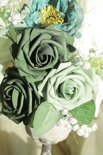 Artificial Flowers 25pcs Real Looking Sage Green & Emerald Green Foam Fake Roses with Stems for DIY Wedding Bouquets Bridal Shower Centerpieces Floral Arrangements Party Tables Decorations (25 Count)