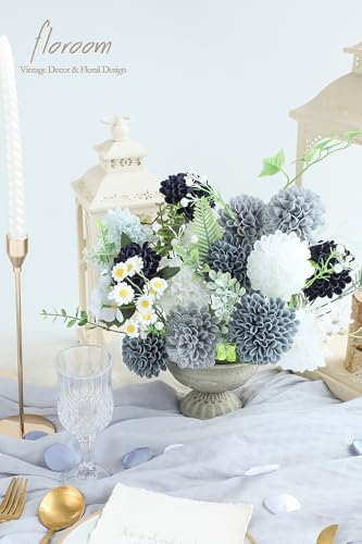 Artificial Dahlia Flowers 25pcs Real Looking Blue Shades Foam Fake Roses with Stems for DIY Wedding Bouquets Bridal Shower Centerpieces Floral Arrangements Party Tables Home Decoration (25 Count)