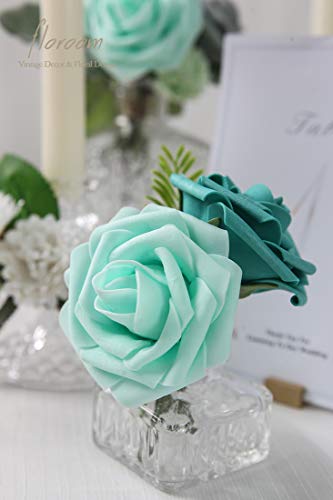Artificial Flowers 25pcs Real Looking Robin's Egg Blue Foam Fake Roses with Stems for DIY Wedding Bouquets Baby Shower Centerpieces Floral Arrangements Party Tables Home Decorations (25 Count)