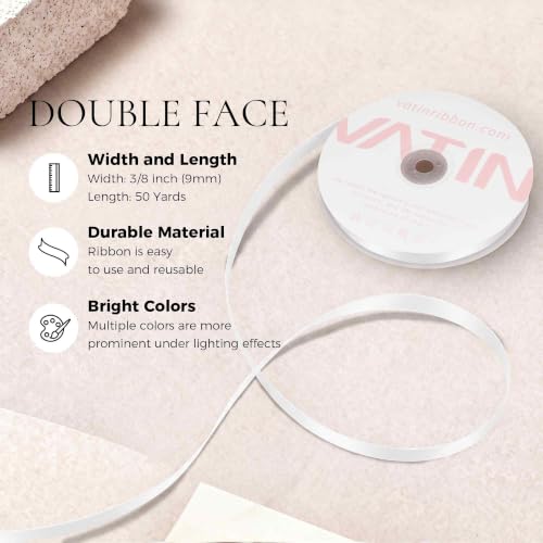 3 8 inches Double Faced White Polyester Satin Ribbon (150 Foot)