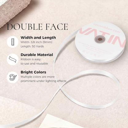 3 8 inches Double Faced White Polyester Satin Ribbon (150 Foot)