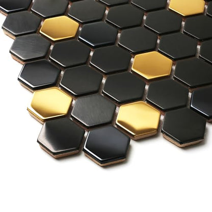 Black and Gold Backsplash Wall Tiles Hexagon Mosaic Shower Floor Tile Kitchen Bathroom Tile (5 Sq Ft)