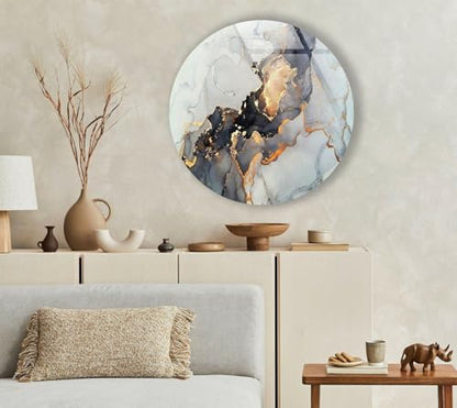 10''(25cm) Diameter Gold Details Gray Marble Round Glass Wall Art Tempered Glass Printing Wall Decor Large Wall Art Wall Hangings
