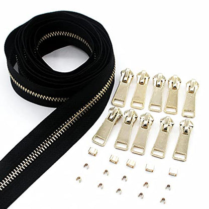 5 Metal Zippers Roll Bulk 2 Yards Black Zipper by The Yards with 10 pcs Sliders Light Gold Teeth Zipper for Sewing Bag Craft Backpack