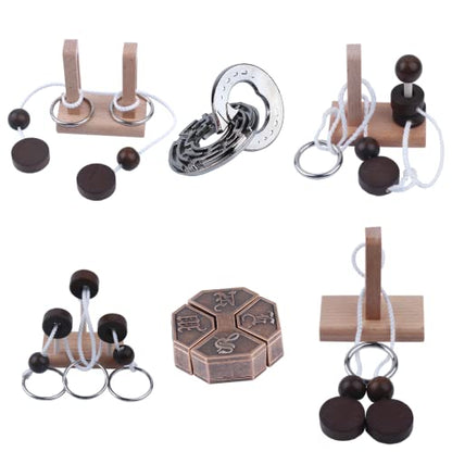 Wooden and Metal 3D Unlock Interlock Assorted Brain Teasers Puzzles (6 Count)