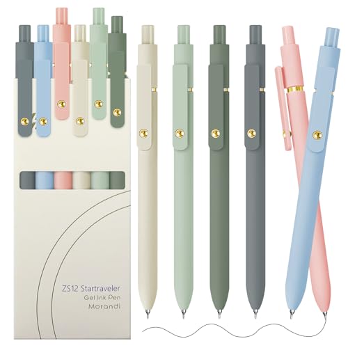 Gel Pens 6 pcs 0.5mm Black Ink Pens Gold Morandi Barrel Fine Point Smooth Writing Pens Quick Dry Pen for School Office Supplies (6 Count)