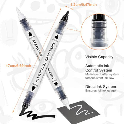 White Black Acrylic paint Markers Dual Tip 6 Set (6 Count)