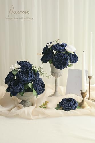 Artificial Flowers 16pcs 4" Navy Blue Blooming Peonies Real Looking Foam Fake Peony with Stems for DIY Wedding Bouquets Bridal Shower Centerpieces Floral Arrangements Party Tables Decorations (16 Count)