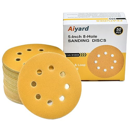 5-Inch 8-Hole Hook and Loop Sanding Discs 220-Grit, 50-Pack (50 Count)