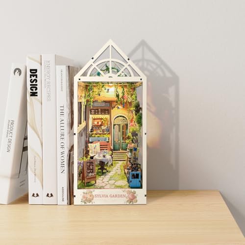 LED Garden Book Nook Kit DIY Miniature Dollhouse 3D Puzzle Wooden Bookshelf Room Decoration