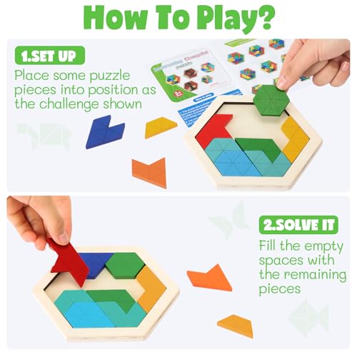 3 Pack Large Wooden Blocks Puzzles Hexagon Tangram Puzzle Wooden Russian Brain Puzzles for Adult Challenge Teasers Geometric Jigsaw Logic Iq STEM Educational Gift Graduation (3 Count)