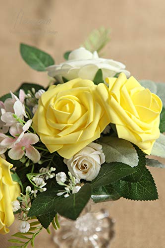 Artificial Flowers 25pcs Real Looking Canary Yellow Foam Fake Roses with Stems for DIY Wedding Bouquets Baby Shower Centerpieces Floral Arrangements Party Tables Home Decorations (25 Count)